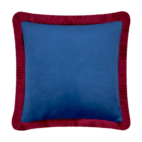 Halo Fringed Velvet Cushion in navy with a burgundy fringed trim framing all edges, square 50 x 50cm polyester velvet design shown on a plain white background.