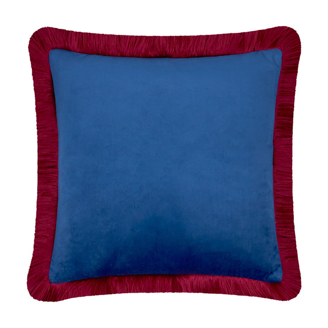 Halo Fringed Velvet Cushion in navy with a burgundy fringed trim framing all edges, square 50 x 50cm polyester velvet design shown on a plain white background.