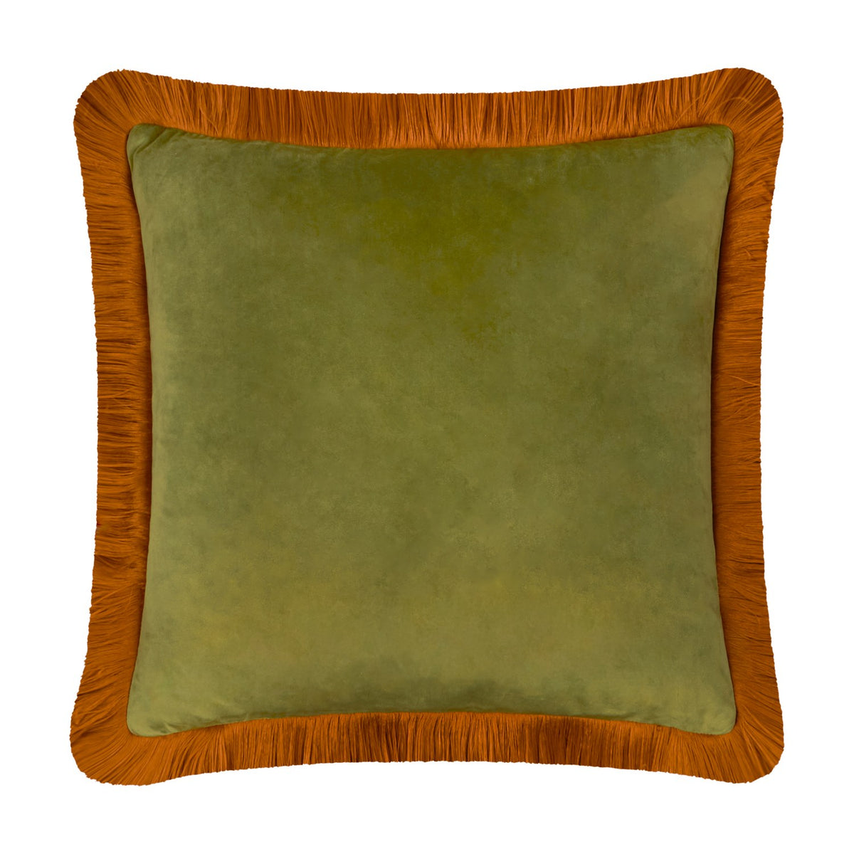 Halo Fringed Velvet Cushion in olive green with a contrasting ginger fringed trim on all four edges, shown on a plain white background.