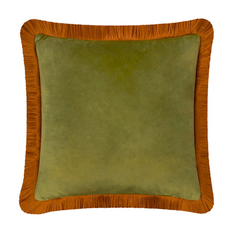 Halo Fringed Velvet Cushion in olive green with a contrasting ginger fringed trim on all four edges, shown on a plain white background.