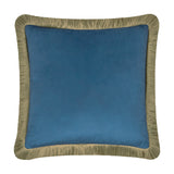Halo Fringed Velvet Plain Polyester Cushion in petrol blue with a soft sage fringed trim around all four edges, square scatter size, shown on a plain white background.