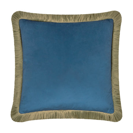 Halo Fringed Velvet Plain Polyester Cushion in petrol blue with a soft sage fringed trim around all four edges, square scatter size, shown on a plain white background.
