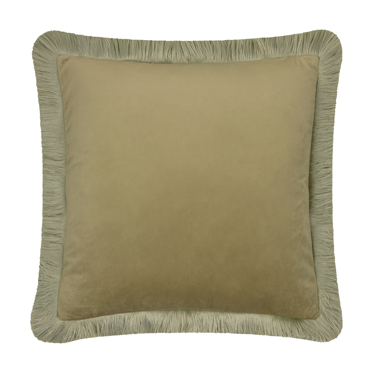 Halo Fringed Velvet Plain Polyester Cushion in sage/green, square with a caramel-toned velvet centre and pale sage fringed border, shown on a plain white background.