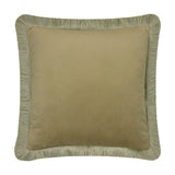 Halo Fringed Velvet Plain Polyester Cushion in sage/green, square with a caramel-toned velvet centre and pale sage fringed border, shown on a plain white background.