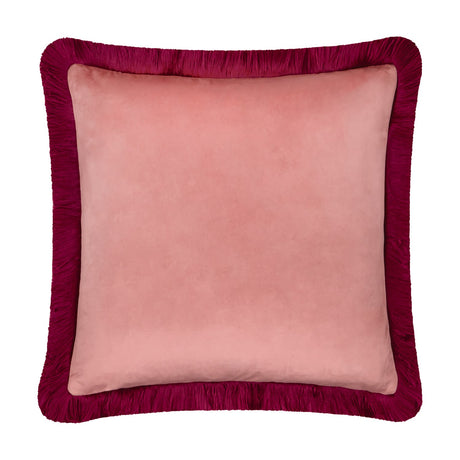 Halo Fringed Velvet Plain Polyester Cushion in slipper-pink velvet with a deep burgundy fringe trim on all four sides, shown on a plain white background.