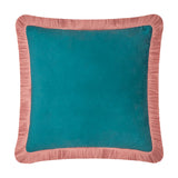 Halo Fringed Velvet Cushion in teal with a blush pink fringed edge, square plain velvet design, shown on a plain white background.