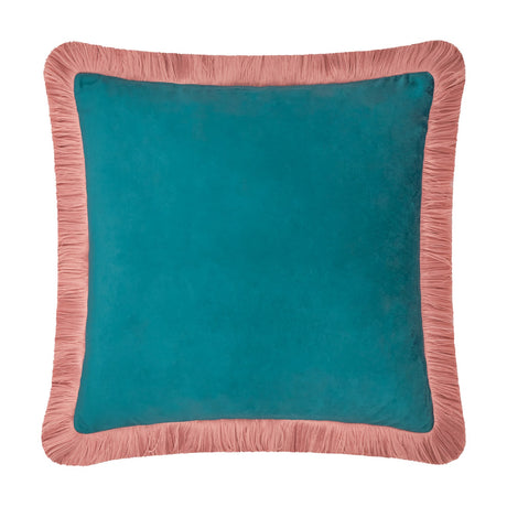Halo Fringed Velvet Cushion in teal with a blush pink fringed edge, square plain velvet design, shown on a plain white background.