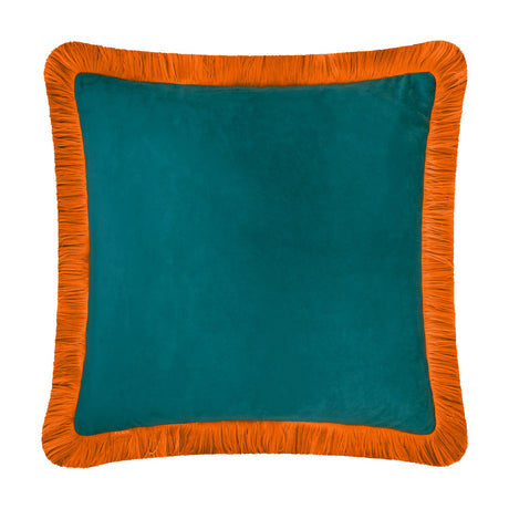 Halo Fringed Velvet Cushion in teal, with a plain velvet face bordered by an orange trim and tiger-orange fringed edging, shown on a white background.