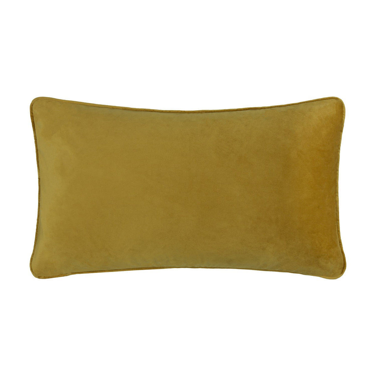 Rectangular velvet cushion in plain gold/mustard colour with piped edge trim, reverse side shown, plain background.