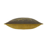 Side view of the Halloween Pawty Animal velvet cushion, showing a grey top panel with gold "Happy Halloween" embroidery and star details above a mustard-gold velvet base, on a plain white background.
