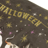 Close-up of the Halloween Pawty Animal Velvet Cushion in grey, showing gold embroidered "Halloween" text with star details and part of a witch's hat cat design.