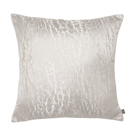 Square Hamlet cushion in alabaster, featuring a metallic foil-printed marbled pattern on a pale cream polyester ground, shown on a plain white background.