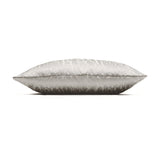 Side view of the Hamlet Printed Polyester Cushion in alabaster, showing a rectangular shape with a shimmering marbled metallic print on cream fabric, set against a plain white background.