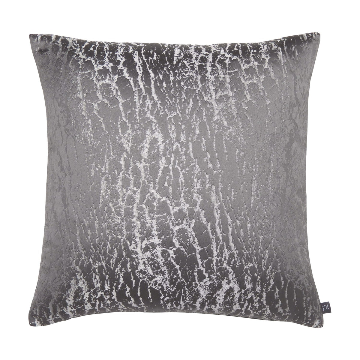 Hamlet Printed Polyester Cushion in graphite grey with a cracked metallic silver foil pattern, square 50x50cm shape, shown against a plain white background.