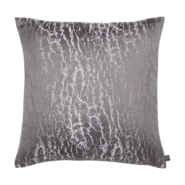 Hamlet Printed Polyester Cushion in graphite grey with a cracked metallic silver foil pattern, square 50x50cm shape, shown against a plain white background.