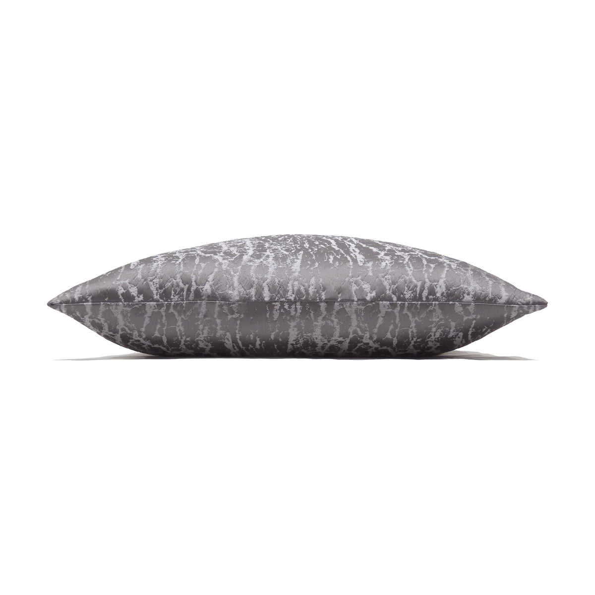 Side view of the Hamlet Printed Polyester Cushion in graphite grey with a metallic silver cracked foil pattern, shown on a plain white background.