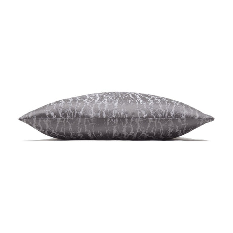 Side view of the Hamlet Printed Polyester Cushion in graphite grey with a metallic silver cracked foil pattern, shown on a plain white background.