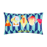 Happy Hour Abstract Polyester Cushion in blue, rectangular bolster with cocktail print on navy and pale aqua geometric ground and yellow "Happy Hour" slogan, shown on a white background.