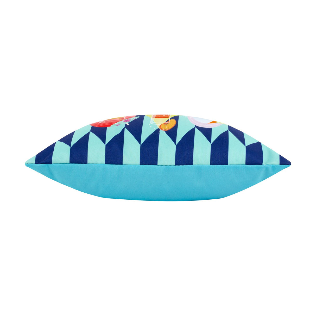 Side view of the Happy Hour Abstract Polyester Cushion in blue, showing navy and pale aqua geometric print with a plain blue reverse, on a white background.