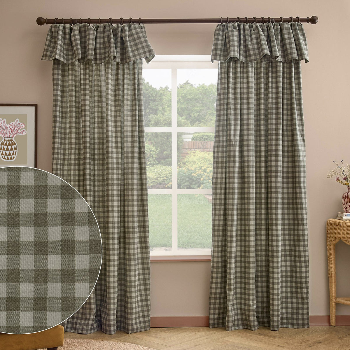 Harriet Gingham cotton pencil pleat curtains in Baygreen/Mist, shown with ruffled header on a dark rod in a living room, plus a fabric close-up inset.