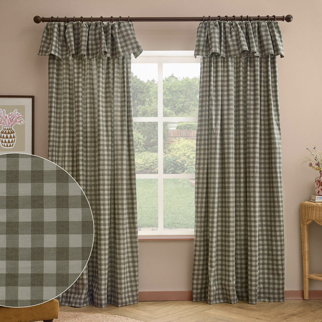 Harriet Gingham cotton pencil pleat curtains in Baygreen/Mist, shown with ruffled header on a dark rod in a living room, plus a fabric close-up inset.