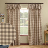 Harriet Gingham cotton pencil pleat curtains in buttermilk and chocolate brown check, shown with attached valance in a living room window setting.