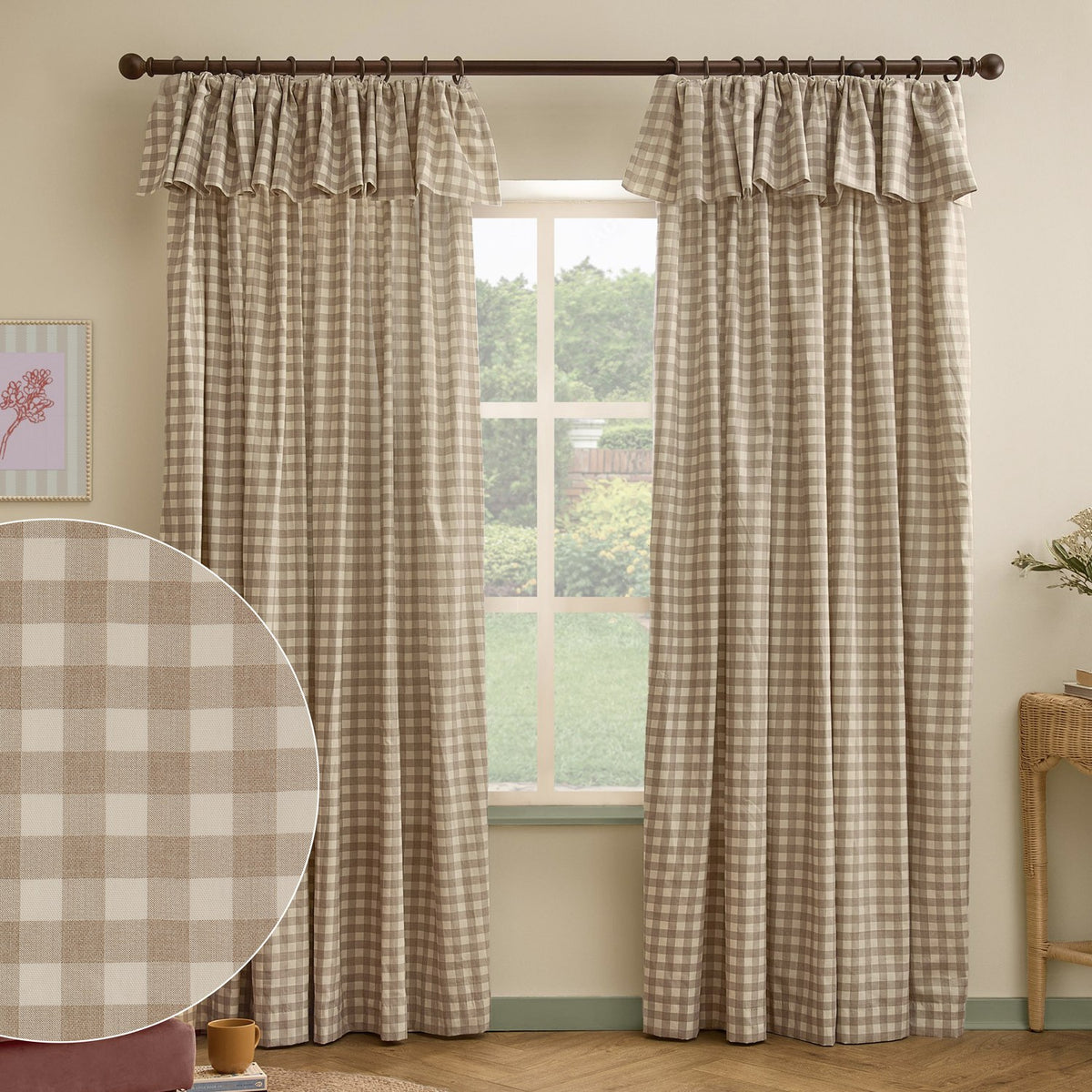 Harriet Gingham Cotton Pencil Pleat Curtains in natural beige and cream checked print, with ruffled flop-top valance headers, shown hanging in a living room window.