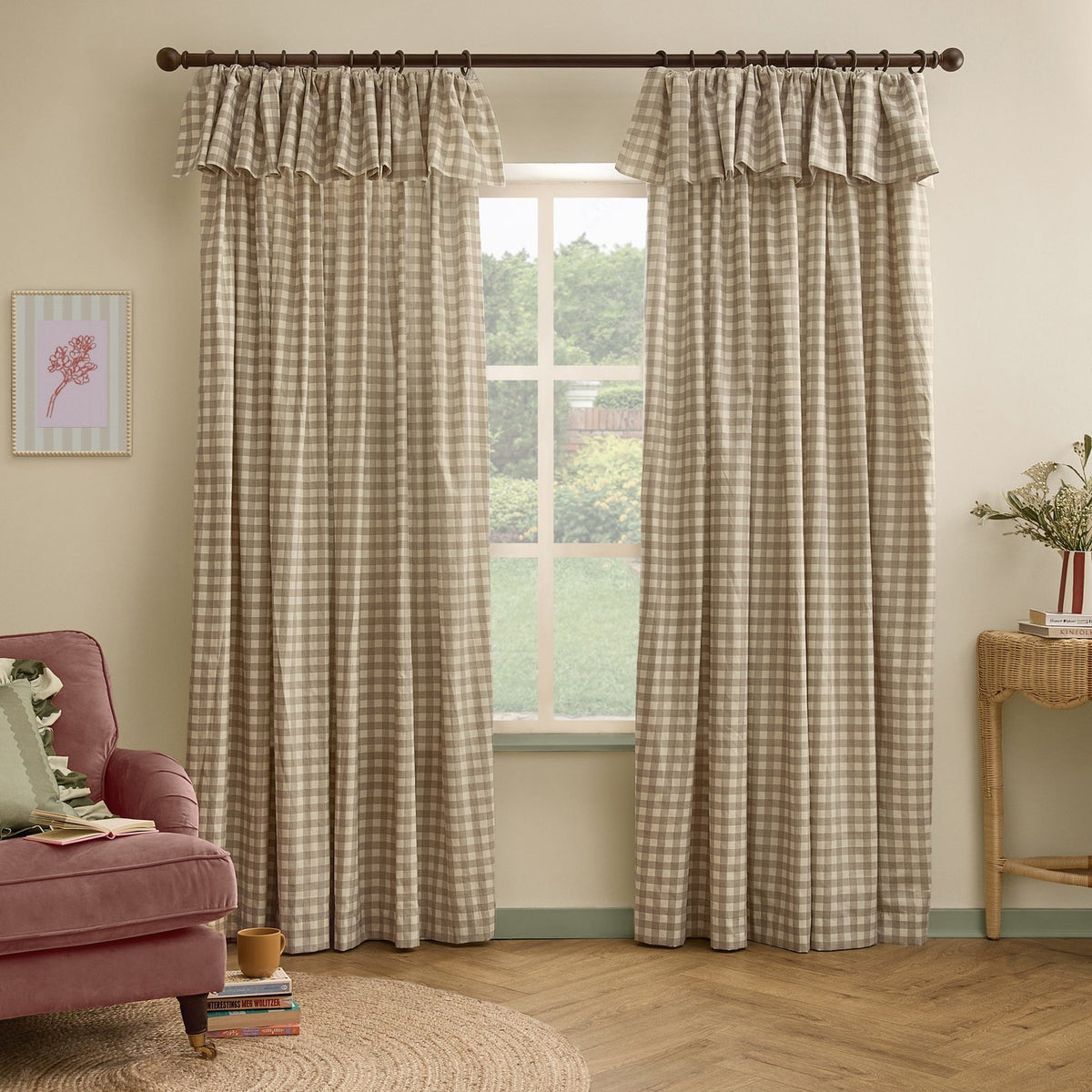 Harriet Gingham Cotton Pencil Pleat Curtains in natural beige and cream check, with ruffled flop-top valance, shown framing a window in a living room setting.