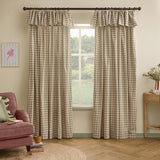 Harriet Gingham Cotton Pencil Pleat Curtains in natural beige and cream check, with ruffled flop-top valance, shown framing a window in a living room setting.