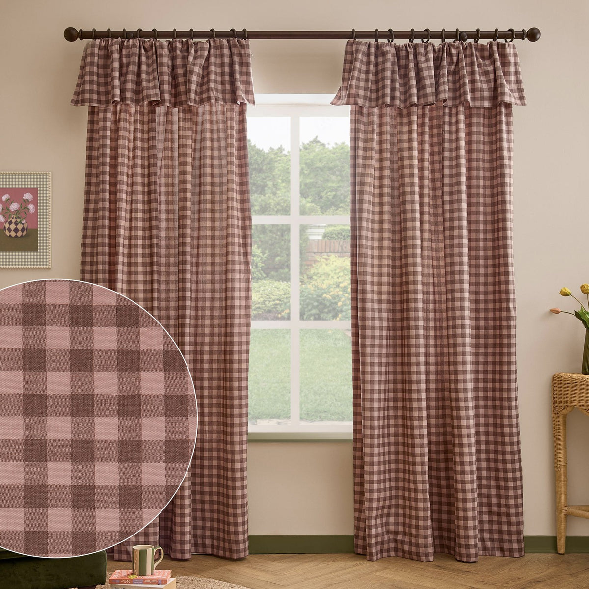Harriet Gingham Cotton Pencil Pleat Curtains in rose/chocolate check with ruffled flop-top header, shown as a pair on a dark rod in a living room window setting, with a fabric close-up inset.