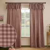 Harriet Gingham Cotton Pencil Pleat Curtains in rose/chocolate check with ruffled flop-top header, shown as a pair on a dark rod in a living room window setting, with a fabric close-up inset.