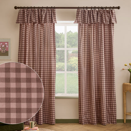 Harriet Gingham Cotton Pencil Pleat Curtains in rose/chocolate check with ruffled flop-top header, shown as a pair on a dark rod in a living room window setting, with a fabric close-up inset.
