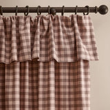 Harriet Gingham Cotton Pencil Pleat Curtain in rose and chocolate check, showing the ruffled header hung on a dark curtain pole against a neutral wall.