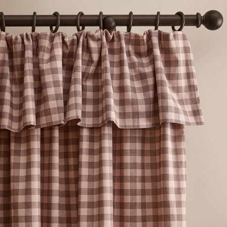 Harriet Gingham Cotton Pencil Pleat Curtain in rose and chocolate check, showing the ruffled header hung on a dark curtain pole against a neutral wall.
