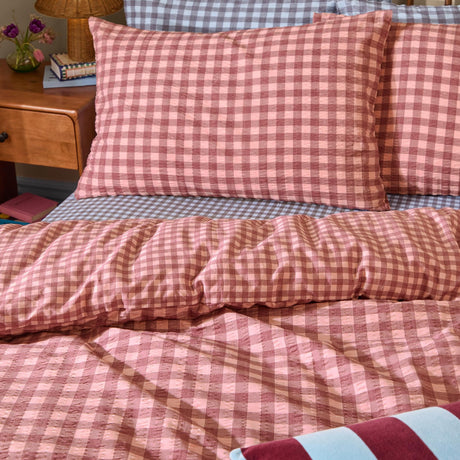 Harriet Gingham Cotton Check Duvet Cover Set - Burgundy/Blossom