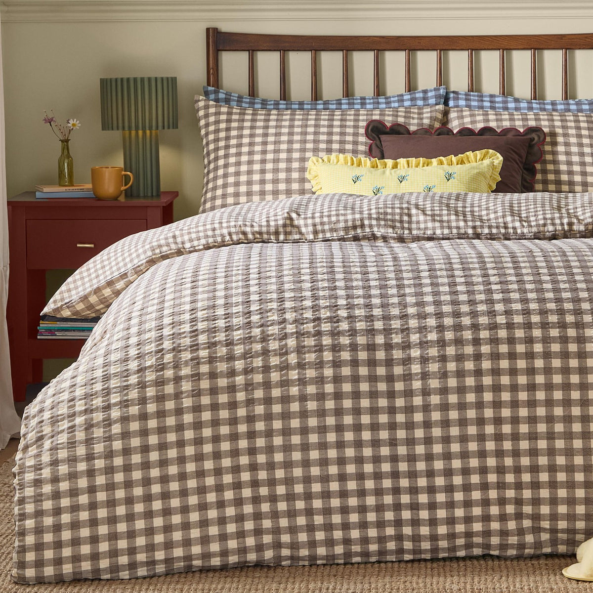 Harriet Gingham Check Duvet Cover Set in buttermilk and chocolate, shown on a bed with matching pillowcase and check pattern in a bedroom setting.