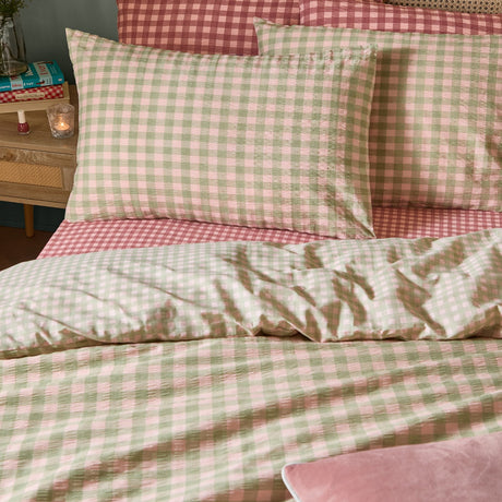 Harriet Gingham Cotton Check Duvet Cover Set - Pink/Green