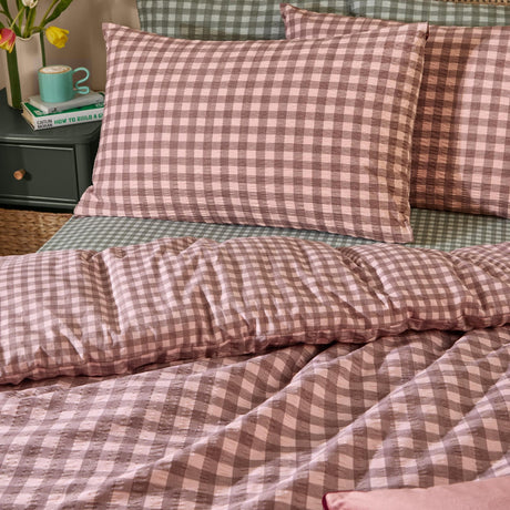 Harriet Gingham Cotton Check Duvet Cover Set - Rose/Chocolate