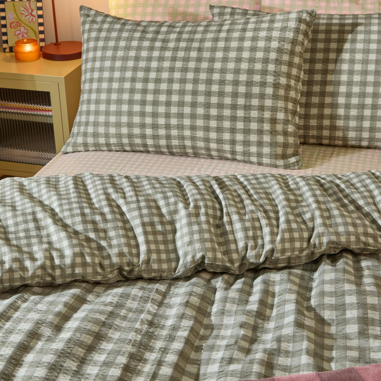 Harriet Gingham Reversible Cotton Pillowcase Pair - Baygreen/Mist