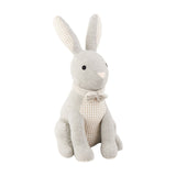 Harvey Hare Check Cotton Door Stop in Natural, a sitting hare-shaped doorstop with grey herringbone body and beige gingham chest and ear linings, plus a bow tie, on a white background.