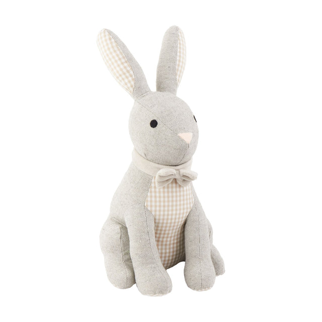 Harvey Hare Check Cotton Door Stop in Natural, a sitting hare-shaped doorstop with grey herringbone body and beige gingham chest and ear linings, plus a bow tie, on a white background.