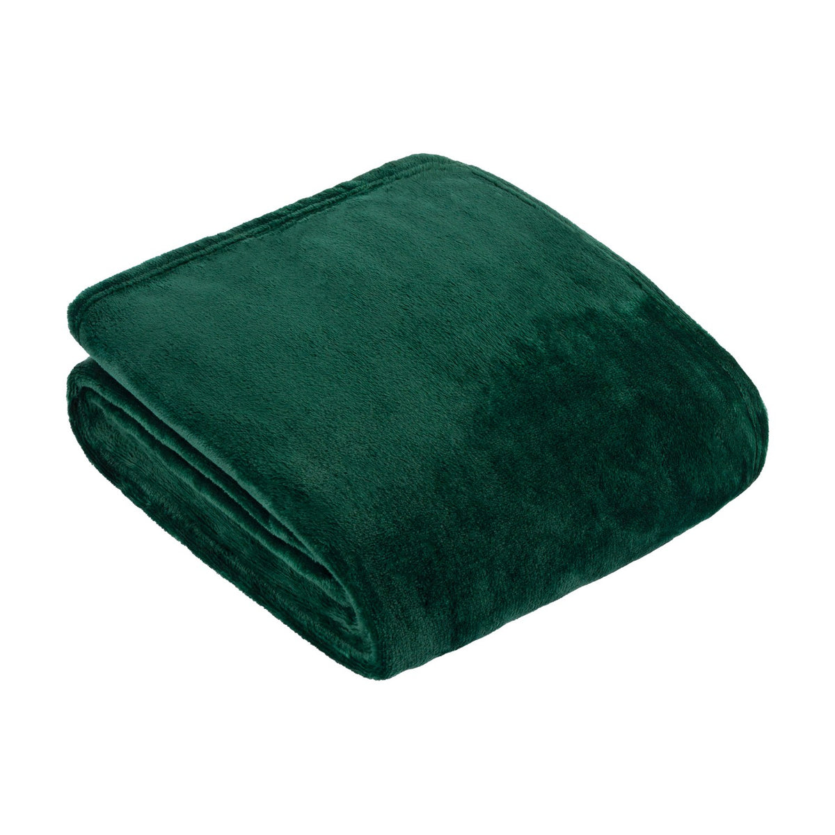 Harrow Plain Polyester Throw in emerald green, folded flannel fleece with a dense short pile and stitched edge, shown on a plain white background.