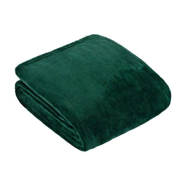 Harrow Plain Polyester Throw in emerald green, folded flannel fleece with a dense short pile and stitched edge, shown on a plain white background.