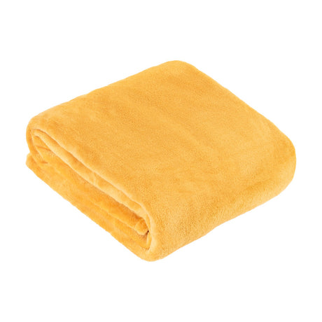 Harrow Plain Polyester Throw in ochre yellow, folded flannel fleece with a smooth brushed finish, shown on a plain white background.