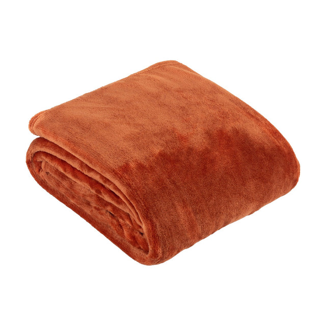Harrow Plain Polyester Throw in rust orange, folded into a square with visible plush flannel fleece texture, shown on a plain white background.