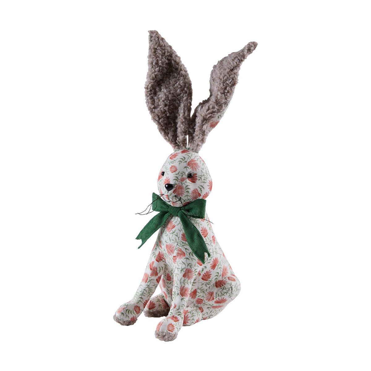 Hattie Polyester Door Stop shaped like a seated hare with brown bouclé ears, a cream floral body in coral, terracotta and green tones, black eyes and nose, and a green ribbed neck bow.