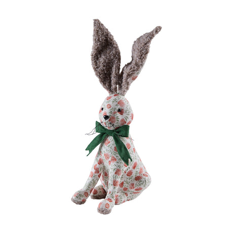 Hattie Polyester Door Stop shaped like a seated hare with brown bouclé ears, a cream floral body in coral, terracotta and green tones, black eyes and nose, and a green ribbed neck bow.