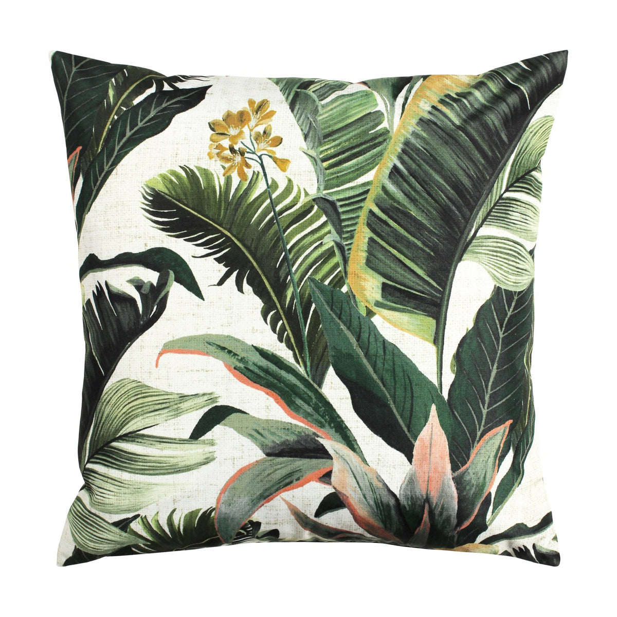 Square Hawaii Jungle polyester cushion with a pale ground and layered green tropical leaf print, amber-gold flowers and coral-pink stems, shown on a plain white background.