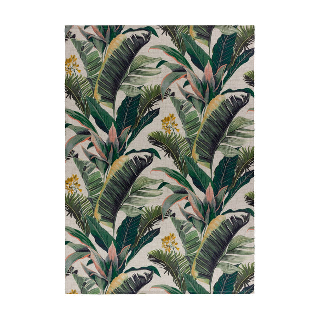 Hawaii Floral Polyester Rug in green, digitally printed with layered banana and palm leaves, pink stems and yellow blooms on a white ground, shown flat on a plain background.