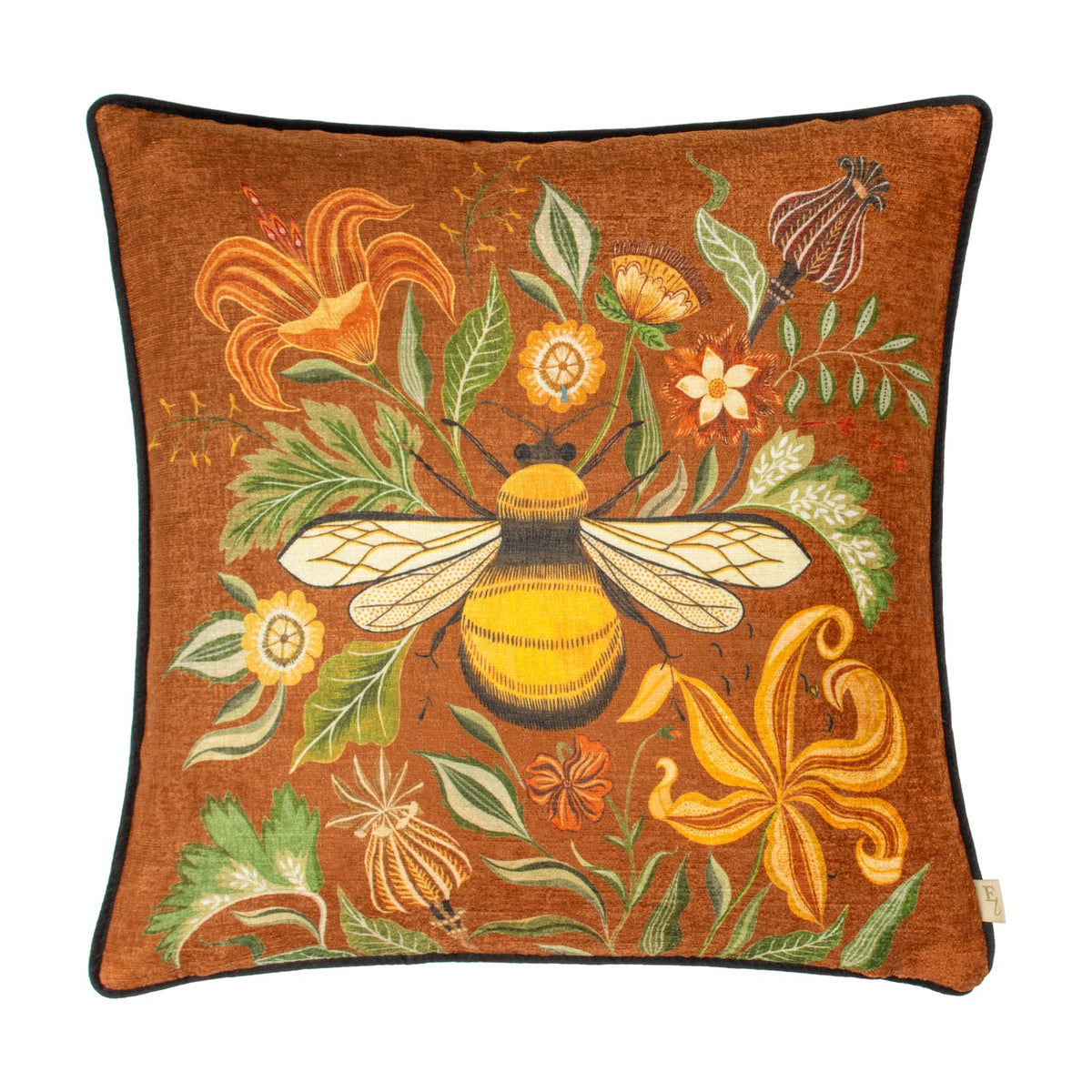 Square Hawthorn Bee cushion in ginger printed velvet chenille, featuring a bumblebee among orange lilies, ochre daisies and green foliage, with black piping, on a white background.